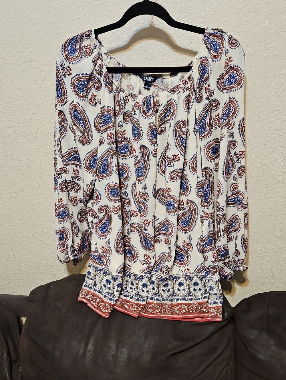 Chaps White Paisley Peasant Blouse with Blue & Rust Details